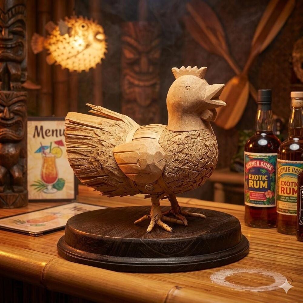 Vintage Hand-Carved Wood Rooster – Shaved Feather Folk Art – Made in Philippines